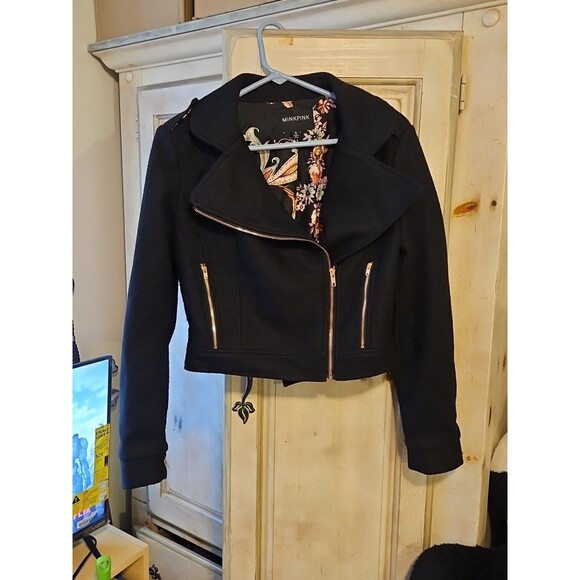 MinkPink Women’s Sz S Black Wool Blend Motorcycle Jacket Rose Gold Zipper Detail - Picture 1 of 8